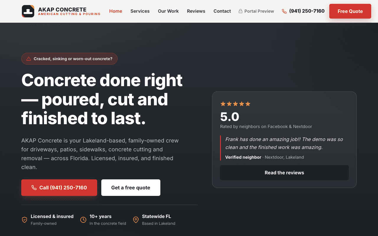 Website Support Studio preview homepage for a concrete business