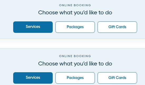Two consecutive online booking blocks with Services, Packages and Gift Cards buttons.